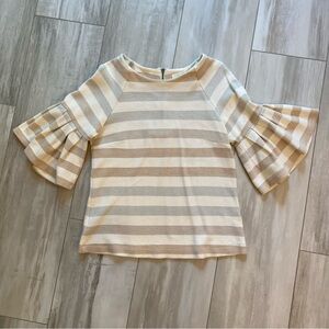 Maeve Metallic Stripe Neutral Shirt with Short Ruffle Sleeves, size Small